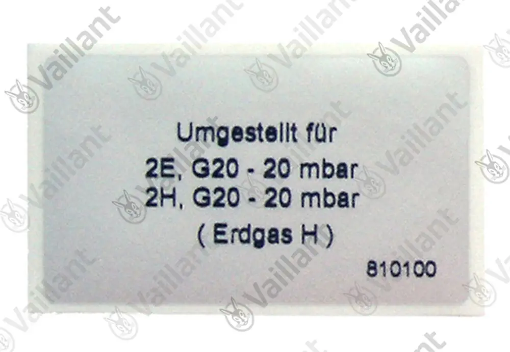 Aufkleber von Vaillant mit Informationen zur Umstellung für Erdgas H, einschließlich Druckangaben für verschiedene Modelle.